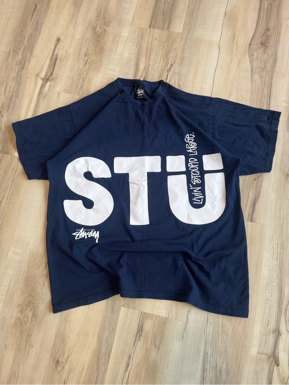 Vintage Stussy Livin Stussy Large Navy Blue Graphic T Shirt Mens XL